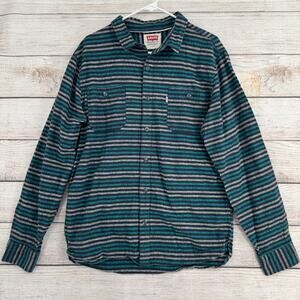 Levi's Linen Blend‎ Striped Button Down Shirt Men's Size Large Green/Blue/Black